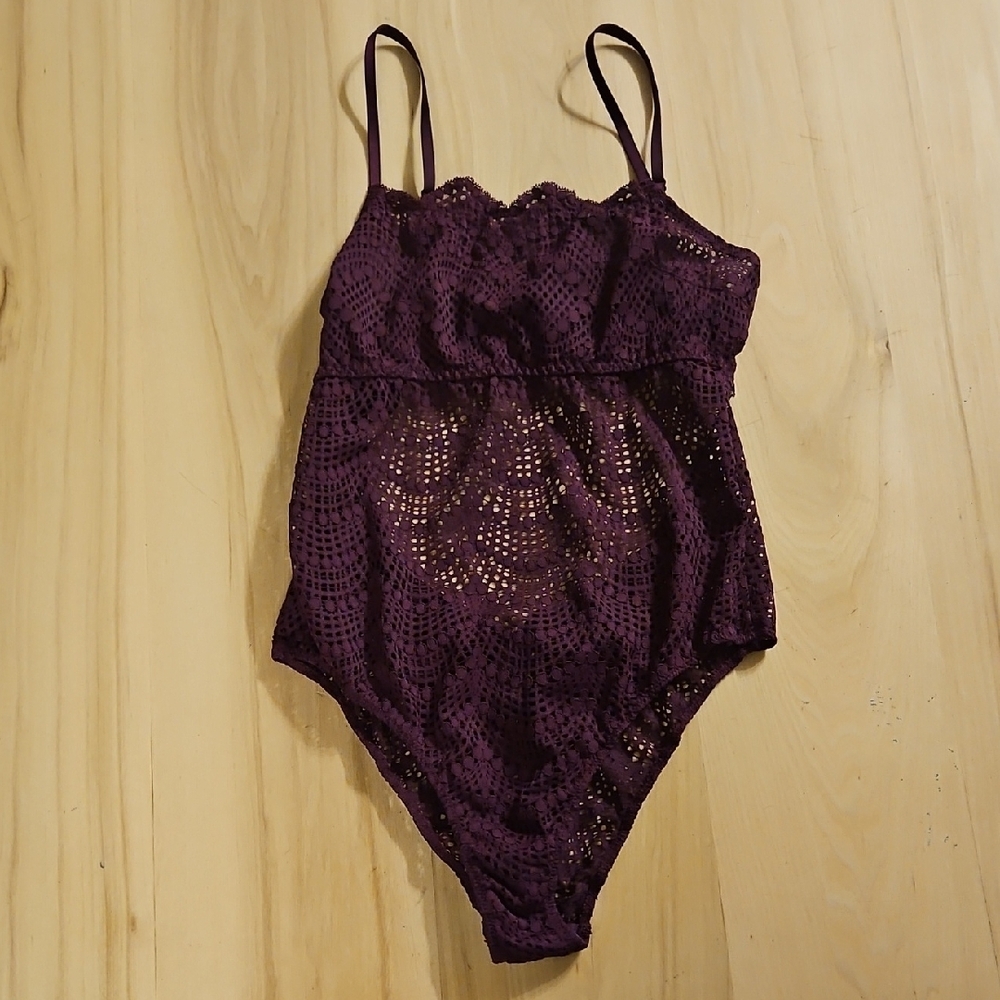 Victoria's Secret Sheer Mesh Burgandy Wine Open Back Body Suit Lingerie Sz. M